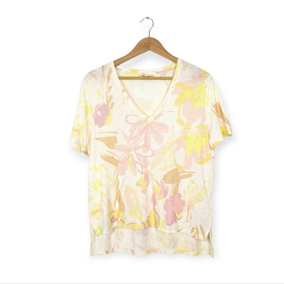 Ted Baker London Pink & Yellow Floral Print Linen Blend V-Neck Tee - Picture 1 of 7